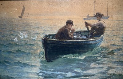 Lot 126 - GEORGE BROOKS PERCY LILLINGSTON (1850-1932) 'Lighting a pipe whilst returning to harbour with the days catch'