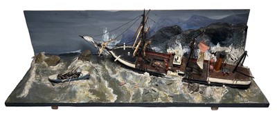 Lot 127 - A DRAMATIC SAILORWORK DIORAMA MODEL OF A WRECK SCENE WITH LIFEBOAT IN ATTENDANCE