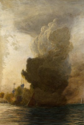 Lot 78 - WILLIAM LIONEL WYLLIE (BRITISH, 1851-1931) The destruction of H.M.S. 'Invincible' at the Battle of Jutland