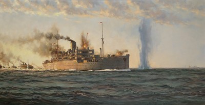 Lot 117 - δ MONTAGUE DAWSON (BRITISH, 1895-1973) H.M.S. ‘Jervis Bay’ in action with the Pocket Battleship ‘Admiral Scheer’, 5th November, 1940