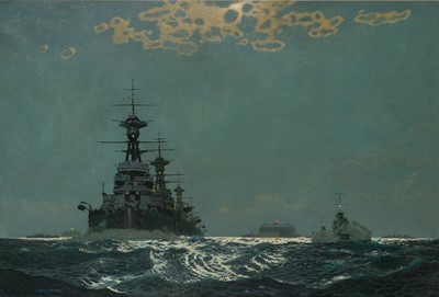 Lot 81 - δ CHARLES PEARS (BRITISH, 1873-1958) A squadron of Dreadnoughts in the Solent at dusk
