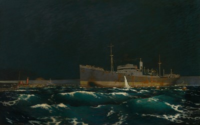 Lot 129 - δ CHARLES PEARS (BRITISH, 1873-1958) A torpedoed merchantman under tow passing St. Anthony Head enroute to Falmouth at night