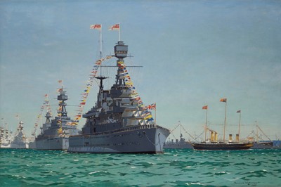 Lot 112 - δ NORMAN WILKINSON (BRITISH, 1878-1971) King George V inspecting the 1935 Silver Jubilee Fleet Review off Spithead from the Royal Yacht 'Victoria & Albert II'