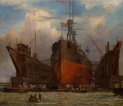 Lot 44 - δ BERNARD FINEGAN GRIBBLE (BRITISH, 1873-1962) A super-dreadnought in an Admiralty floating dock, circa 1912