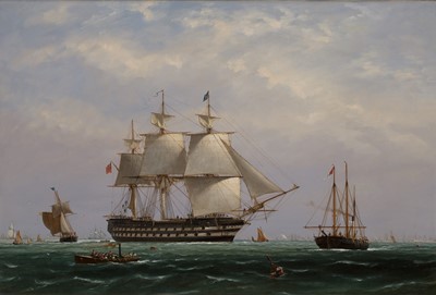 Lot 22 - RICHARD HENRY NIBBS (BRITISH, C.1816-1893) H.M.S. ‘Canopus’ returning from sea trials through a busy anchorage, Spithead, circa 1845