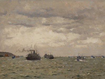 Lot 140 - δ NORMAN WILKINSON (BRITISH, 1878-1971) The Armed Merchant Cruisers H.M.S. ‘Bulolo’ and H.M.S. ‘Jervis’ mustering landing ships through the Needles Channel on the route to Normandy, June 5th 1944