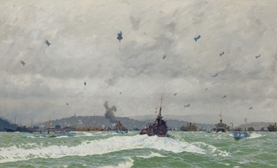 Lot 128 - δ CHARLES PEARS (BRITISH, 1873-1958) The Busy Port: Portsmouth Harbour protected by barrage balloons during World War I