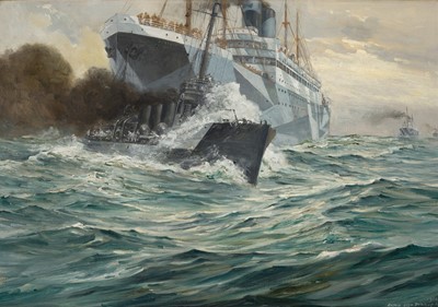 Lot 102 - δ ANTON OTTO FISCHER (GERMAN, 1882-1962) A breath-taking escape: S.S. ‘Albania’ narrowly avoids running down her escorting destroyer