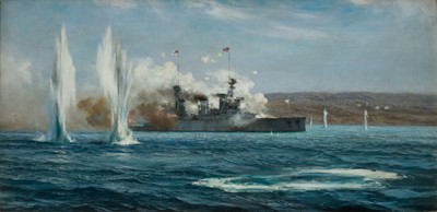 Lot 55 - δ MONTAGUE DAWSON (BRITISH, 1895-1973) H.M. Battleship. ‘Inflexible’ depicted at 1.15pm on March 18th, 1915 at the Dardanelles