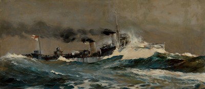 Lot 54 - δ MONTAGUE DAWSON (BRITISH, 1895-1973) Taking it Green - A 'V' & 'W' Class Destroyer in a heavy sea, circa 1918