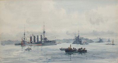 Lot 39 - FRANK WATSON WOOD (BRITISH, 1862-1953) Protected Cruisers at anchor in Scapa Flow