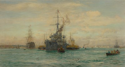 Lot 35 - WILLIAM LIONEL WYLLIE (BRITISH, 1851-1931) The Past and the Future: 'Victory' and ‘Dreadnought’ at their moorings in Portsmouth Harbour