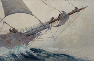 Lot 13 - ARTHUR JOHN TREVOR BRISCOE (BRITISH, 1873-1943) The Bowsprit: Setting a jib sail