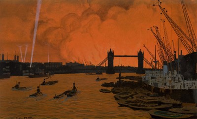 Lot 119 - δ CHARLES PEARS (BRITISH, 1873-1958) The Pool of London with a view of Tower Bridge during Docklands Air Raids in the Blitz of December 1940