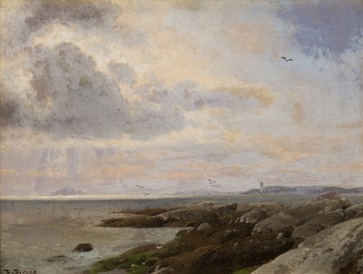 Lot 4 - HERMANN OTTOMAR HERZOG (GERMAN, 1832-1932) A rocky coastal scene with lighthouse