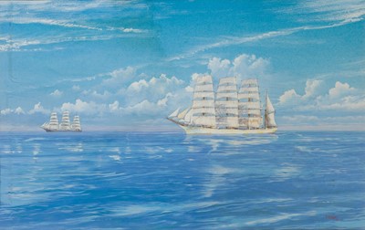 Lot 5 - δ JOHN A. STEWART (BRITISH, B. 1941) ‘Thistlebank’ and ‘Wiscombe Park’ becalmed in the Doldrums
