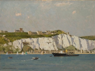 Lot 8 - δ NORMAN WILKINSON (BRITISH, 1878-1971) The Trinity House motor yacht 'Kihna' lying off Dover with the White Cliffs and Castle behind, circa 1950