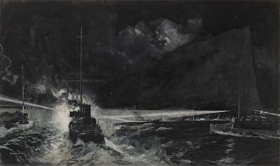 Lot 32 - CHARLES EDWARD DIXON (BRITISH, 1872-1934) Night exercises off Gibraltar