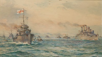 Lot 87 - δ BERNARD FINIGAN GRIBBLE (BRITISH, 1873-1962) The Zeebrugge Raid: Vice Admiral Roger Keyes aboard H.M. Destroyer 'Warwick' leading the attacking flotilla with H.M.S. 'Vindictive' to his left