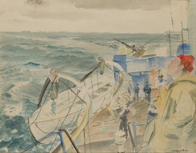 Lot 139 - δ ROLAND VIVIAN PITCHFORTH (BRITISH, 1895-1982) Action stations! Aboard H.M. Corvette 'Berkley Castle' with Capt. Ltn. Darran, R.N.V.R.