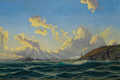 Lot 6 - δ CHARLES PEARS (BRITISH, 1873-1958) A four-masted barque passing St. Anthony Head lighthouse enroute to Falmouth, Cornwall