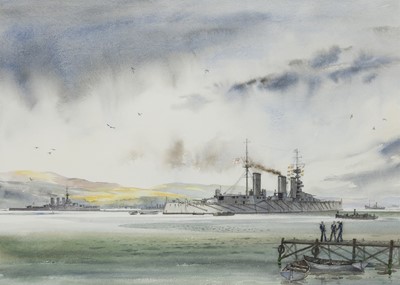 Lot 75 - δ IAN H. MARSHALL (BRITISH, 1933-2016) H.M.S. ‘Lion’ raising steam with Admiral Beatty aboard, Cromarty Firth, 1916