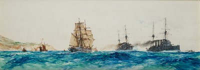 Lot 51 - CHARLES EDWARD DIXON (BRITISH, 1872-1934) H.M. Armoured Cruisers ‘Duke of Edinburgh’ and ‘Black Prince' off St. Catherine, Isle of Wight