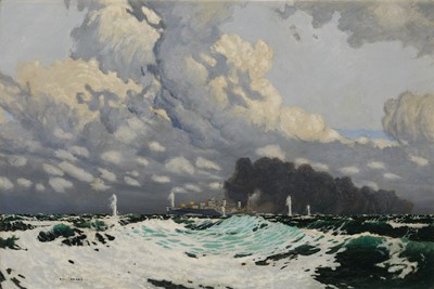 Lot 125 - δ CHARLES PEARS (BRITISH, 1873-1958) H.M. Light Cruiser 'Penelope' making smoke whilst under heavy fire, escorting a Malta convoy led by Admiral Vian, 1942