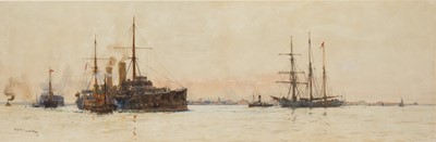 Lot 28 - CHARLES EDWARD DIXON (BRITISH, 1872-1934) A cruiser with paddle tug at dusk off Southsea
