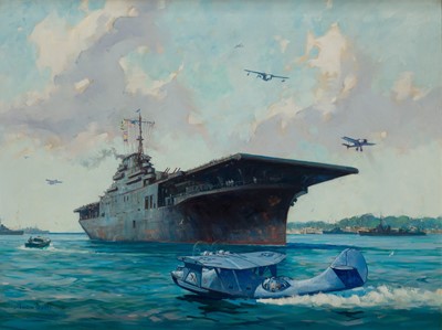 Lot 123 - δ GORDON HOPE GRANT (AMERICAN, 1875-1962) U.S.S. Aircraft carrier ‘Saratoga’ lying off Pearl Harbour, circa 1942