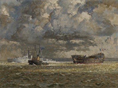 Lot 23 - δ NORMAN WILKINSON (BRITISH, 1878-1971) H.M.S. 'Implacable' being towed to her final berth, 2 December 1949