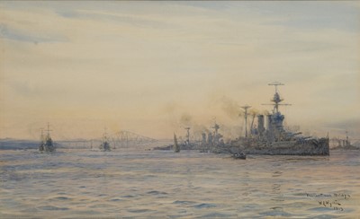 Lot 97 - WILLIAM LIONEL WYLLIE (BRITISH, 1851-1931) H.M. Battleships ‘Valiant’ and ‘Malaya’ leaving Rosyth in the early morning with the Forth Bridge behind