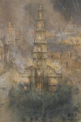 Lot 120 - HENRY CHARLES BREWER (BRITISH, 1866-1950) St Clement Danes Church ablaze during the Blitz of London May 1941