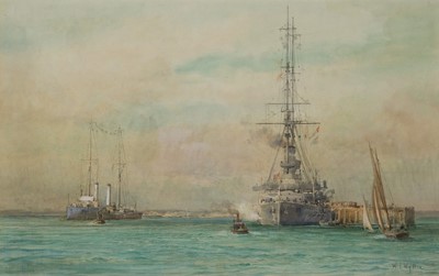Lot 86 - WILLIAM LIONEL WYLLIE (BRITISH, 1851-1931) Warships at Portland