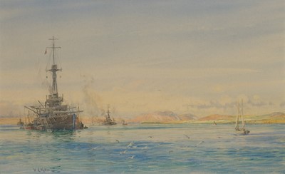 Lot 52 - WILLIAM LIONEL WYLLIE (BRITISH, 1851-1931) Super-dreadnoughts raising steam at anchor