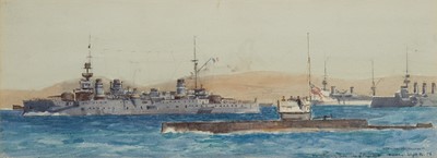 Lot 64 - δ NORMAN WILKINSON (BRITISH, 1878-1971) Submarine ‘E2’ returning from the Sea of Marmora from H.M.S. ‘Swiftsure’