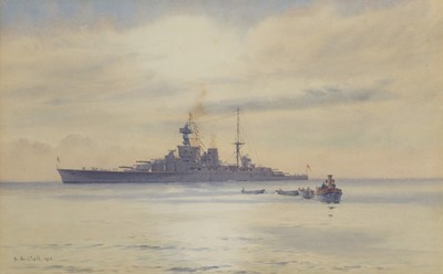 Lot 109 - ALMA CLAUDE BURLTON CULL (ENGLISH, 1880-1931) H.M.S. Battlecruiser ‘Hood’ in the Mediterranean