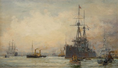 Lot 37 - WILLIAM LIONEL WYLLIE (BRITISH, 1851-1931) The Dreadnought ‘Bellerophon’ being towed past the ‘Victory’ in Portsmouth Harbour, 1909