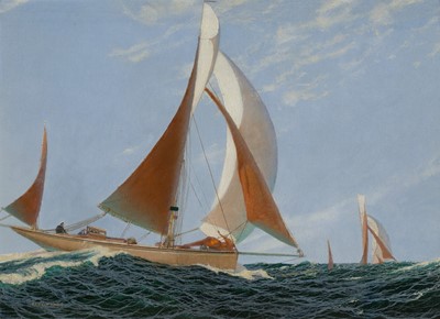 Lot 1 - δ CHARLES PEARS (BRITISH, 1873-1958) Charles Pears at the wheel of his yawl 'Wanderer' with his wife ahead of him in 'Juanita'