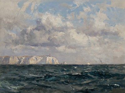 Lot 9 - δ NORMAN WILKINSON (BRITISH, 1878-1971) The White Cliffs of Dover with South Foreland Lighthouse