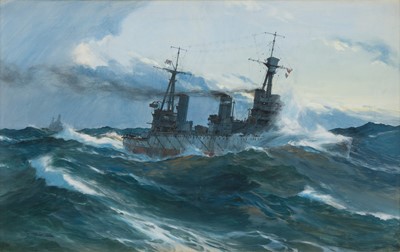 Lot 76 - δ MONTAGUE DAWSON (BRITISH, 1895-1973) H.M. Battlecruiser 'Invincible' on patrol circa 1915