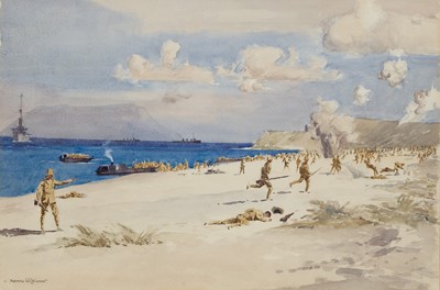 Lot 59 - δ NORMAN WILKINSON (BRITISH, 1878-1971) Troops landing at "C" Beach, August 7