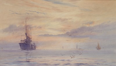 Lot 103 - ALMA CLAUDE BURLTON CULL (ENGLISH, 1880-1931) H.M. Armoured Cruiser ‘Cornwall’ off the Eddystone Lighthouse