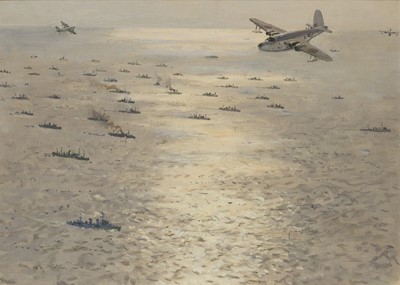 Lot 127 - δ NORMAN WILKINSON (BRITISH, 1878-1971) Aerial view of a convoy with air support