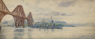 Lot 110 - δ KENNETH ALLINGTON YOCKNEY (BRITISH, 1881-1965) H.M. Flotilla Leader ‘Diomede’ steaming under the Forth Bridge in the late 1920s