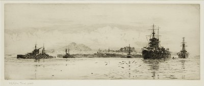 Lot 88 - WILLIAM LIONEL WYLLIE (BRITISH, 1851-1931) Battlecruisers in the Forth