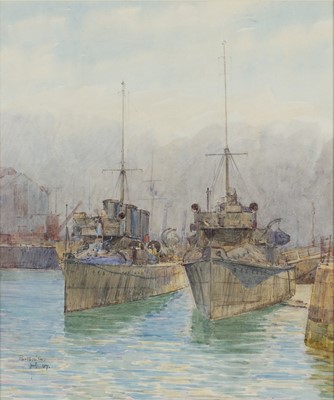 Lot 34 - ALMA CLAUDE BURLTON CULL (ENGLISH, 1880-1931) Destroyers moored at Portsmouth