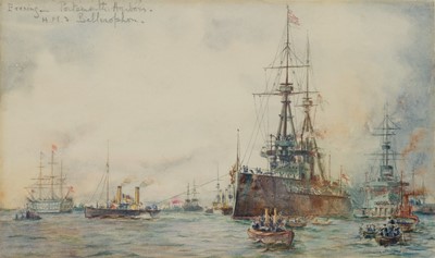 Lot 38 - WILLIAM LIONEL WYLLIE (BRITISH, 1851-1931) Study for The Dreadnought ‘Bellerophon’ being towed past the ‘Victory’ in Portsmouth Harbour, 1909