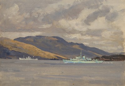 Lot 130 - δ NORMAN WILKINSON (BRITISH, 1878-1971) A corvette in dazzle camouflage about to escort a convoy on the Clyde