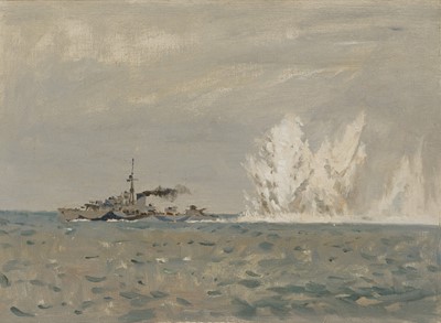 Lot 136 - δ NORMAN WILKINSON (BRITISH, 1878-1971) H.M. Destroyer ‘Jervis’ carrying out a depth charge attack in World War II